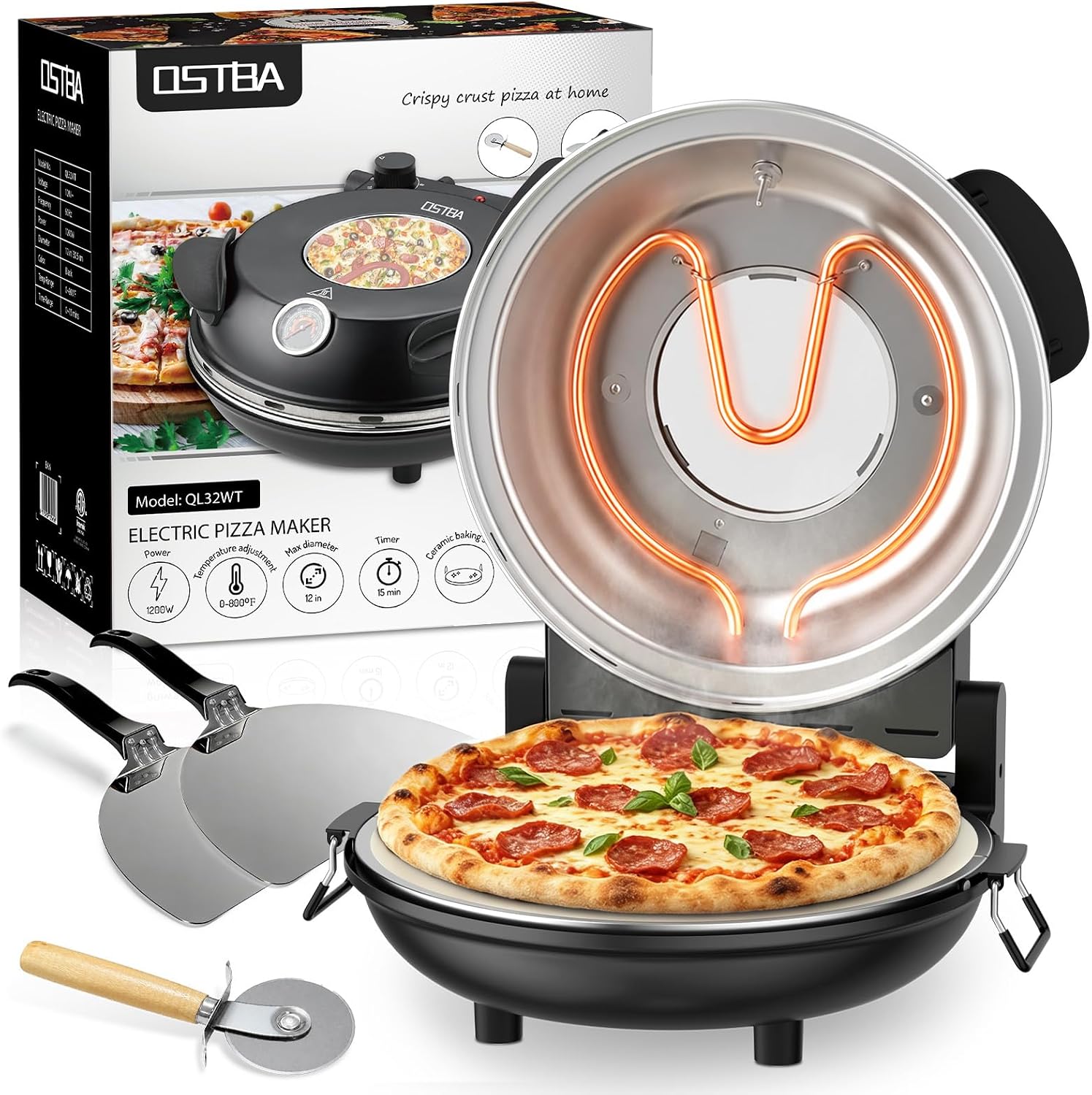 Bread Maker Machine - เตาอบพิซซ่าไฟฟ้าสำหรับใช้ในบ้าน, เตาอบพิซซ่าขนาด 12 นิ้วสำหรับวางบนเคาน์เตอร์, 800 °